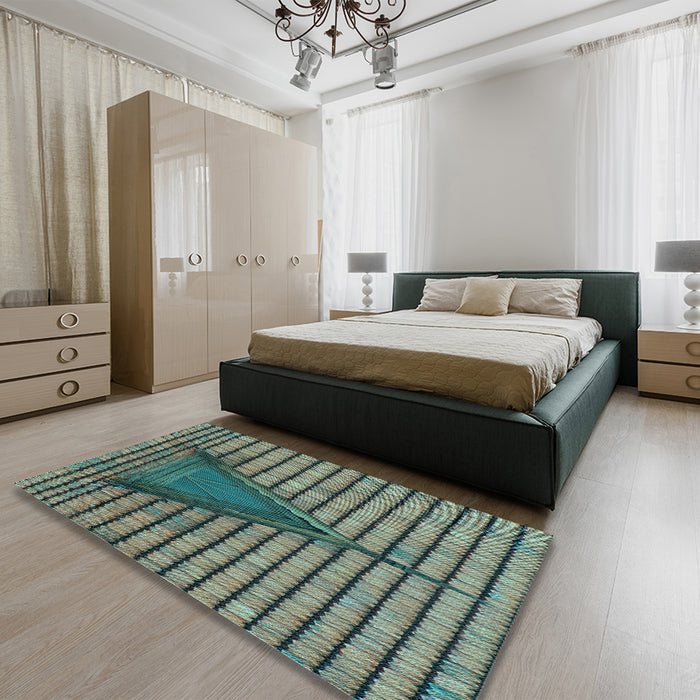Patterned Green Rug in a Bedroom, pat234lblu