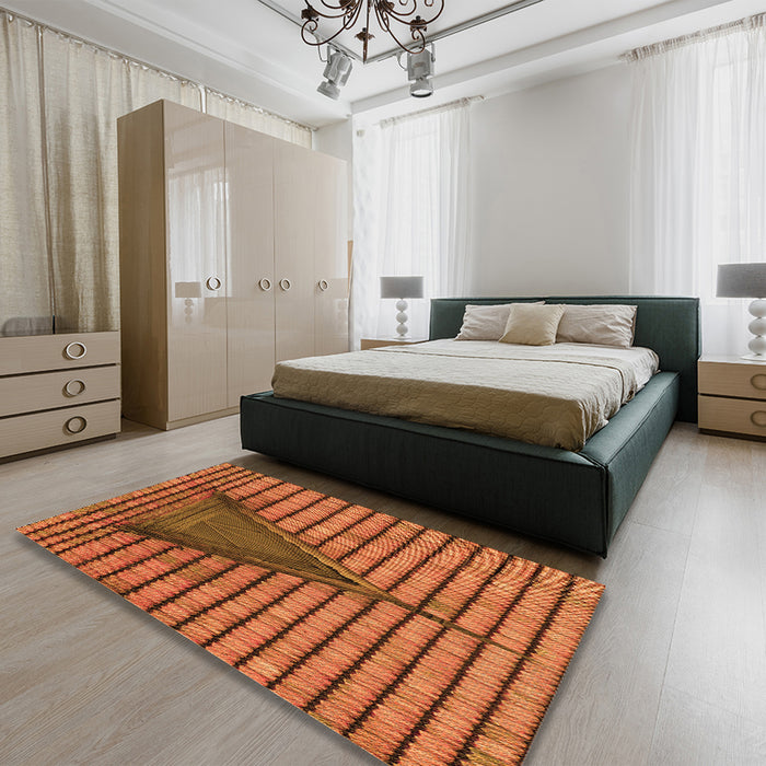 Patterned Neon Orange Rug in a Bedroom, pat234org