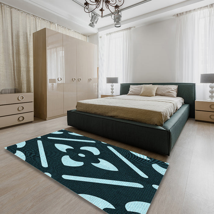 Patterned Black Rug in a Bedroom, pat2342lblu