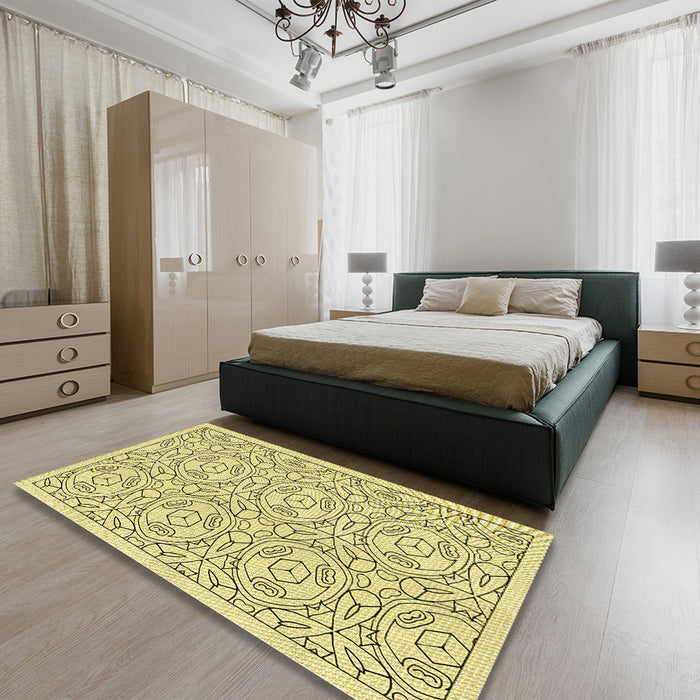 Round Machine Washable Transitional Sun Yellow Rug in a Office, wshpat2359yw