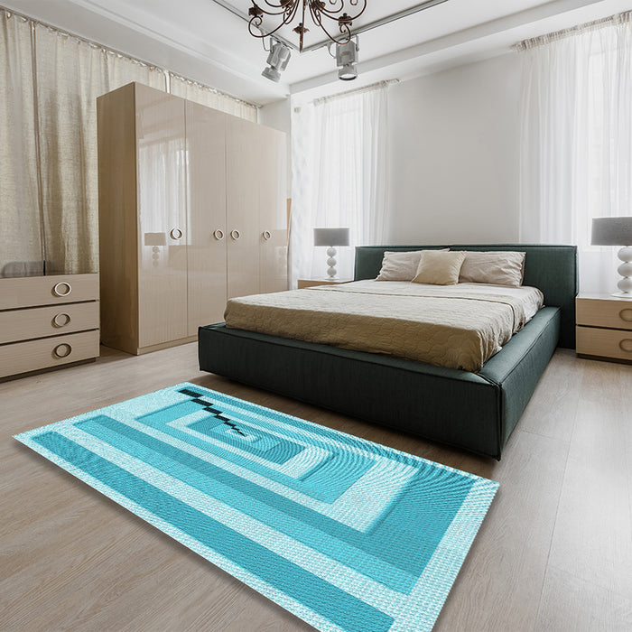 Patterned Dark Turquoise Green Rug in a Bedroom, pat2360lblu