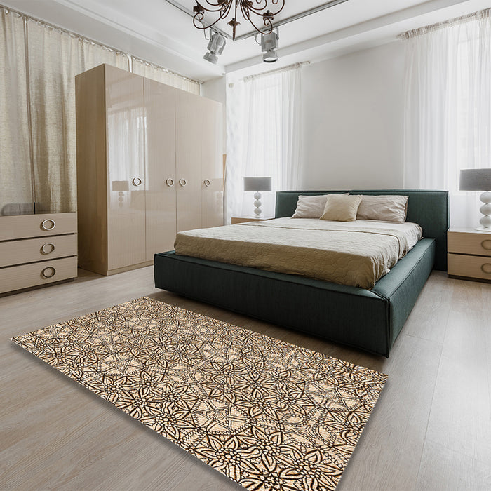 Patterned Khaki Gold Rug in a Bedroom, pat2364org
