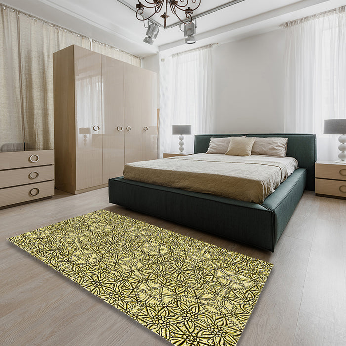 Patterned Mustard Yellow Rug in a Bedroom, pat2364yw