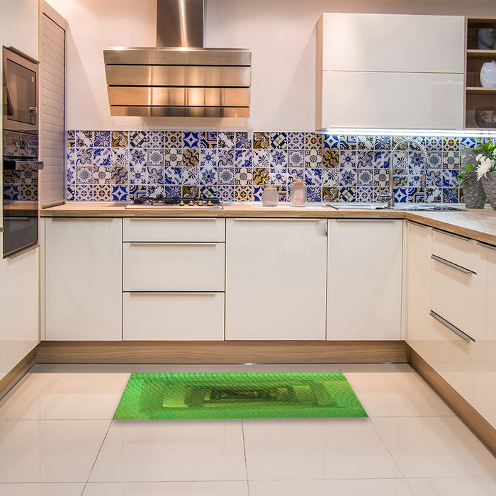 Patterned Green Rug in a Kitchen, pat237grn