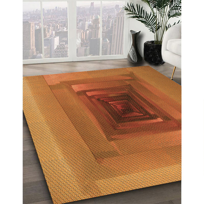 Patterned Neon Orange Rug in Family Room, pat237org
