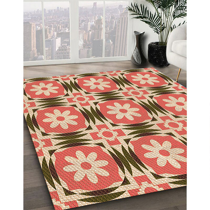 Patterned Red Rug in Family Room, pat2373org