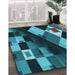 Patterned Dark Turquoise Green Rug in Family Room, pat2374lblu