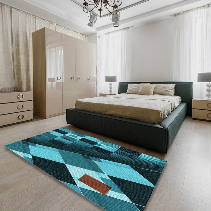 Patterned Dark Turquoise Green Rug in a Bedroom, pat2374lblu