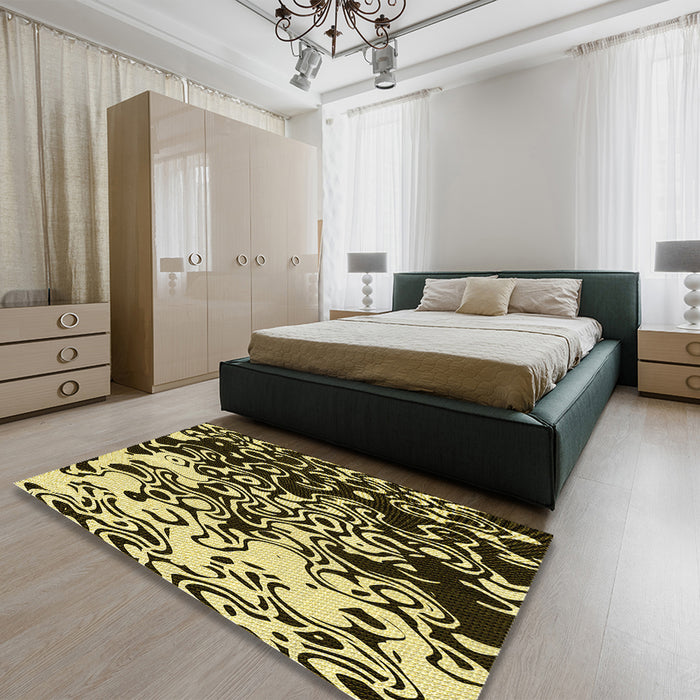 Patterned Black Brown Rug in a Bedroom, pat2382yw