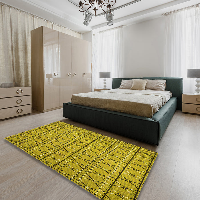 Round Machine Washable Transitional Dark Yellow Green Rug in a Office, wshpat2383yw