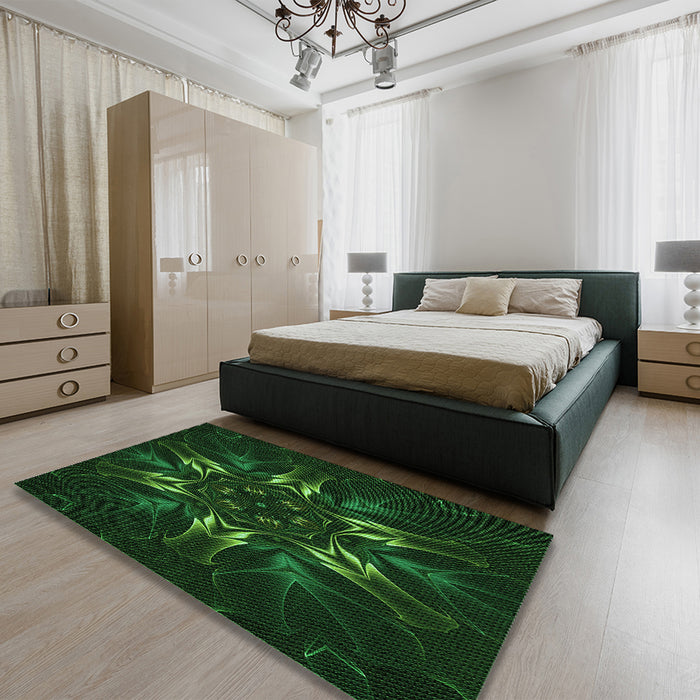 Patterned Green Rug in a Bedroom, pat2384grn