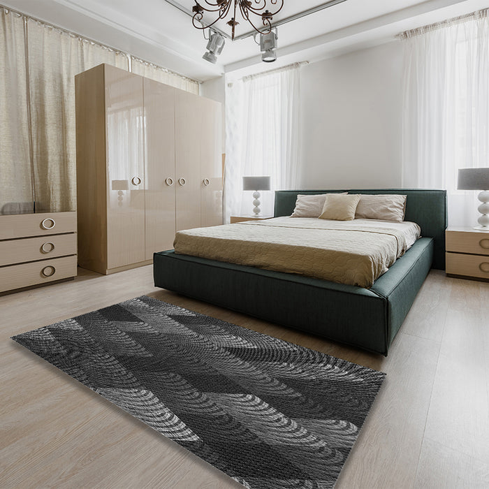 Patterned Charcoal Black Rug in a Bedroom, pat2385gry