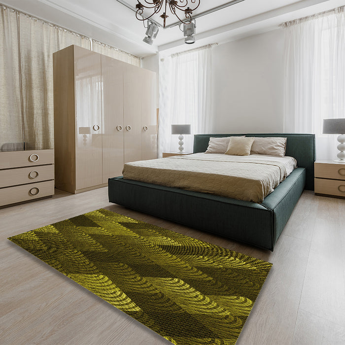 Patterned Dark Yellow Green Rug in a Bedroom, pat2385yw