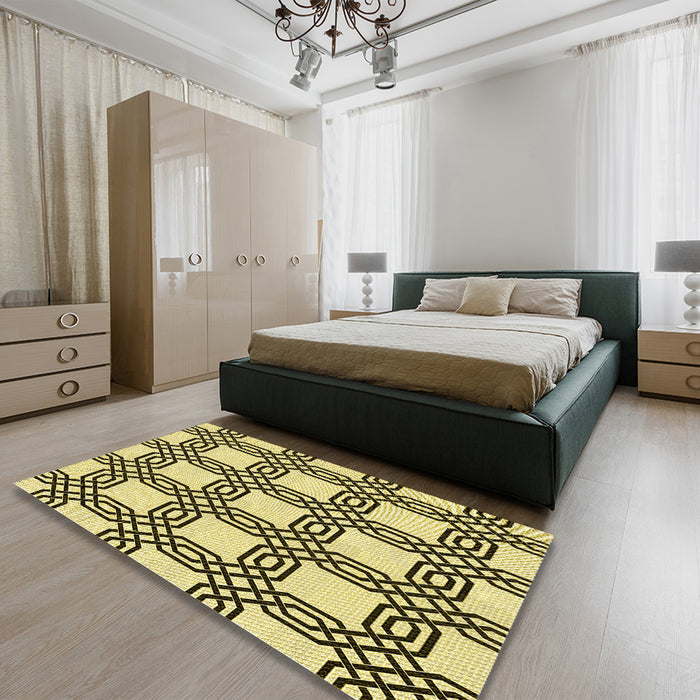 Round Machine Washable Transitional Mustard Yellow Rug in a Office, wshpat2394yw