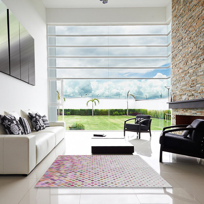 Square Patterned Platinum Gray Novelty Rug in a Living Room, pat2398