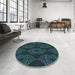 Round Patterned Deep Teal Green Rug in a Office, pat2400lblu