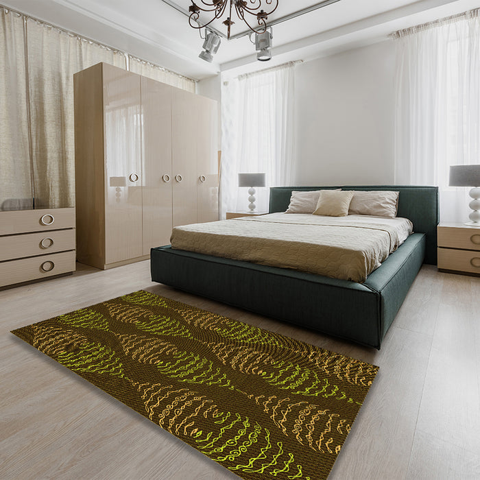 Patterned Dark Yellow Green Rug in a Bedroom, pat2400yw