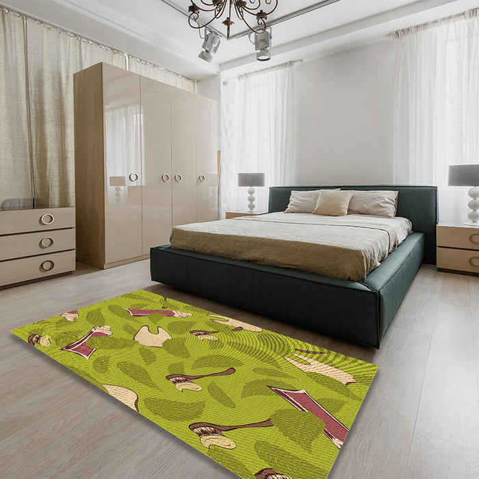 Patterned Dark Yellow Green Rug in a Bedroom, pat2401org