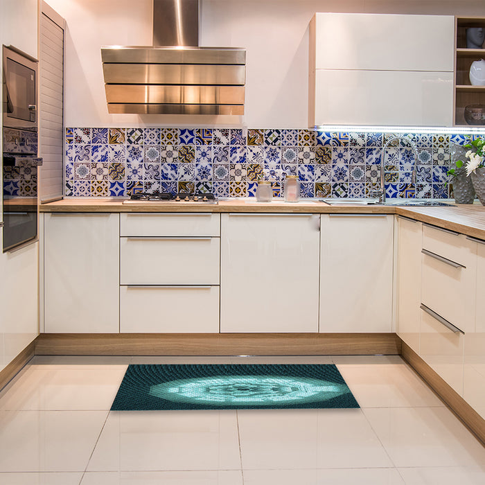 Patterned Deep Teal Green Rug in a Kitchen, pat241lblu
