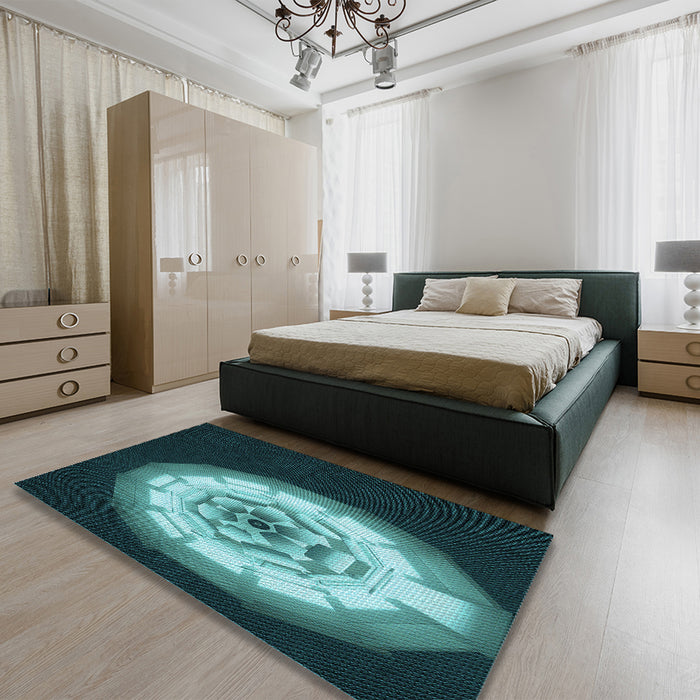 Patterned Deep Teal Green Rug in a Bedroom, pat241lblu