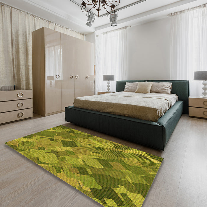 Patterned Olive Green Rug in a Bedroom, pat2410org