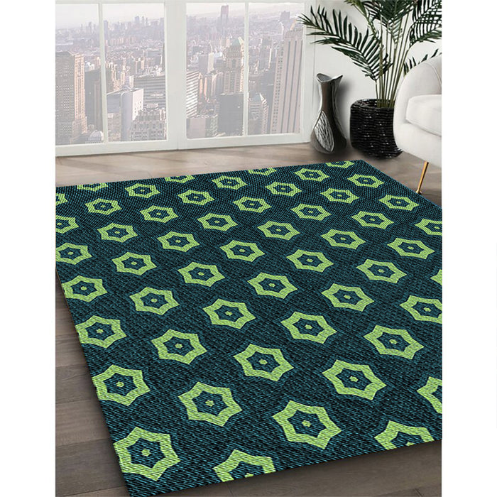 Patterned Deep Teal Green Rug in Family Room, pat2423lblu