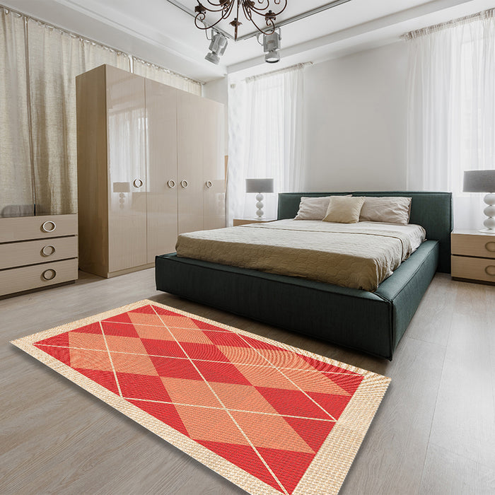 Patterned Neon Red Rug in a Bedroom, pat243org