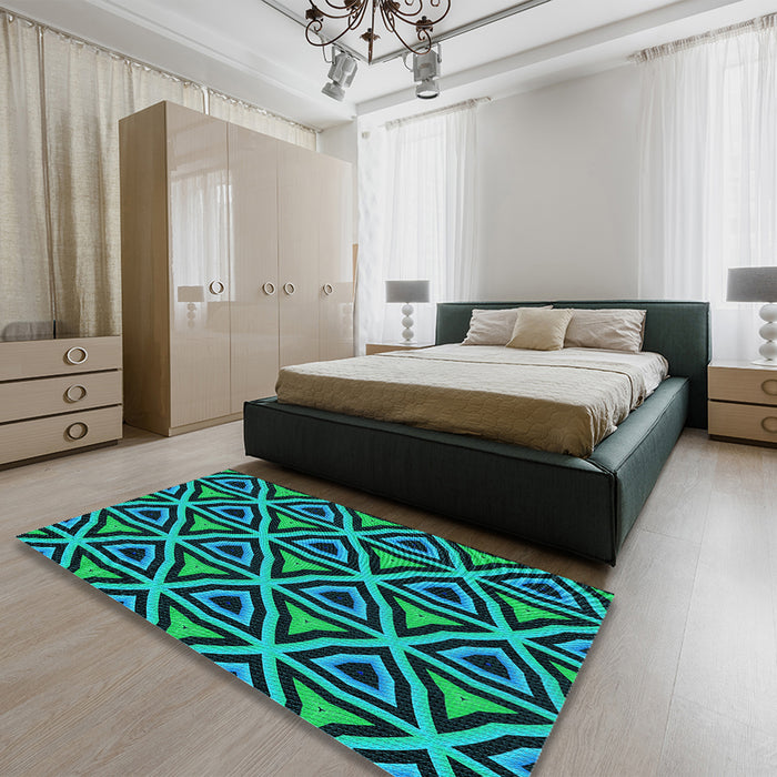 Patterned Dark Turquoise Green Rug in a Bedroom, pat2430lblu