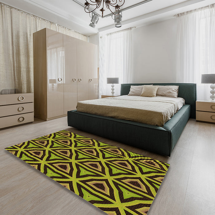 Patterned Black Brown Rug in a Bedroom, pat2430org