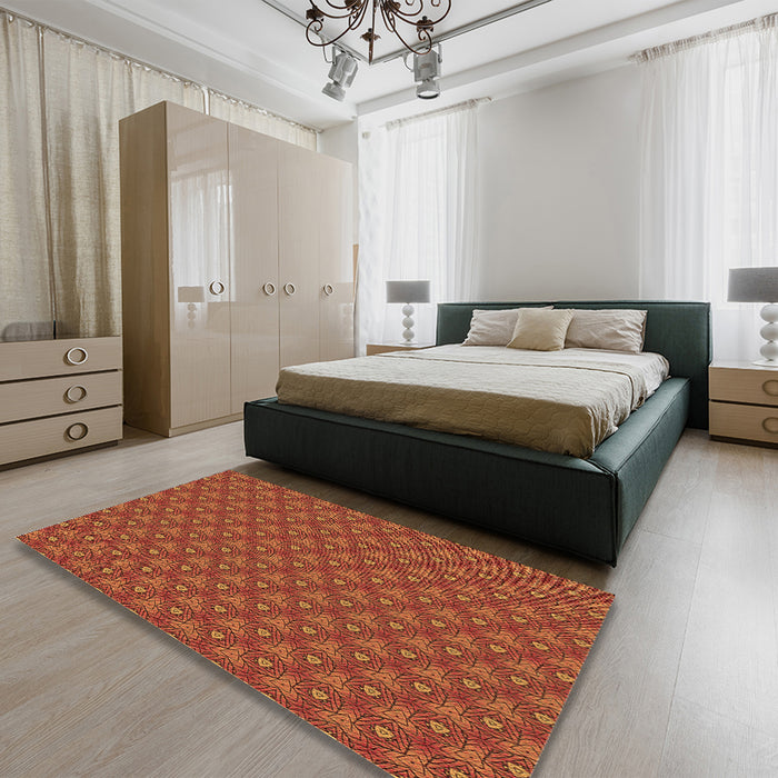 Patterned Neon Orange Rug in a Bedroom, pat2440brn