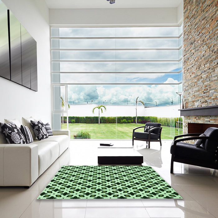 Square Patterned Dark Forest Green Rug in a Living Room, pat2442grn