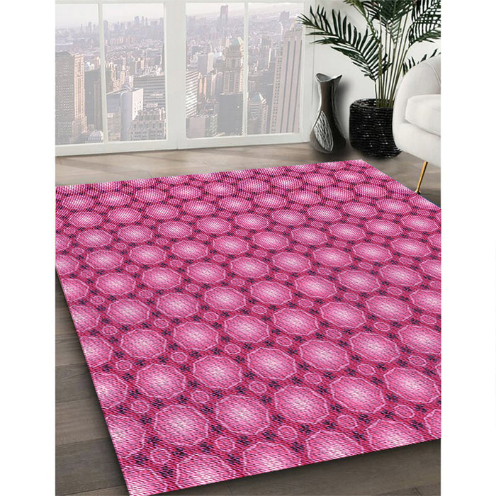 Patterned Raspberry Red Rug in Family Room, pat2448pur