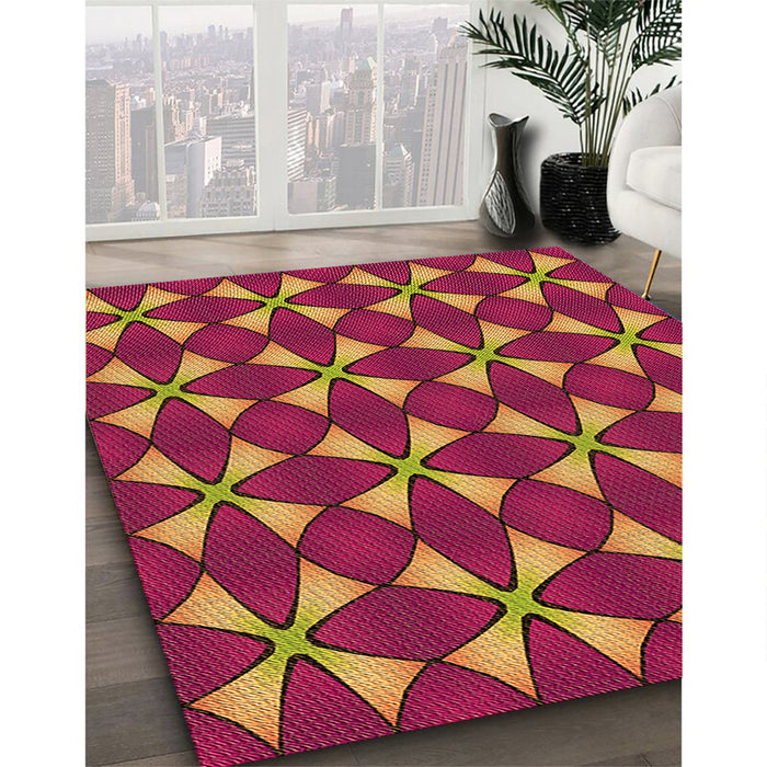 Patterned Raspberry Red Rug in Family Room, pat2453org