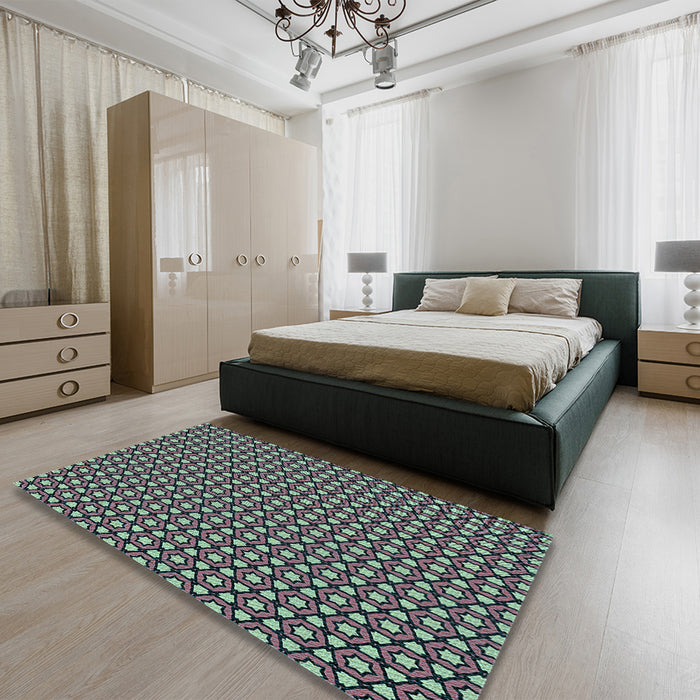 Patterned Dark Sea Green Rug in a Bedroom, pat2454lblu
