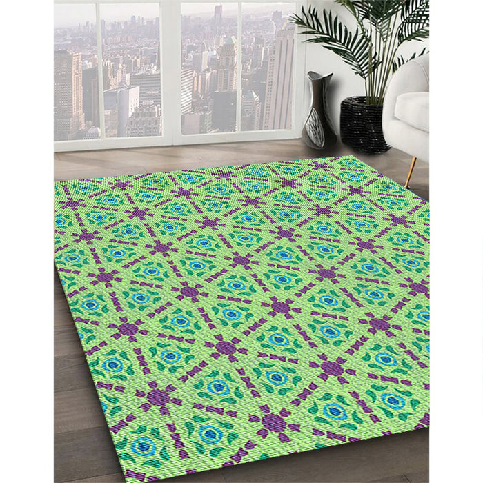 Patterned Dull-Sea Green Rug in Family Room, pat2455lblu