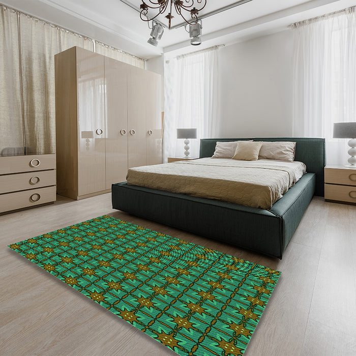 Patterned Army Green Rug in a Bedroom, pat2465grn