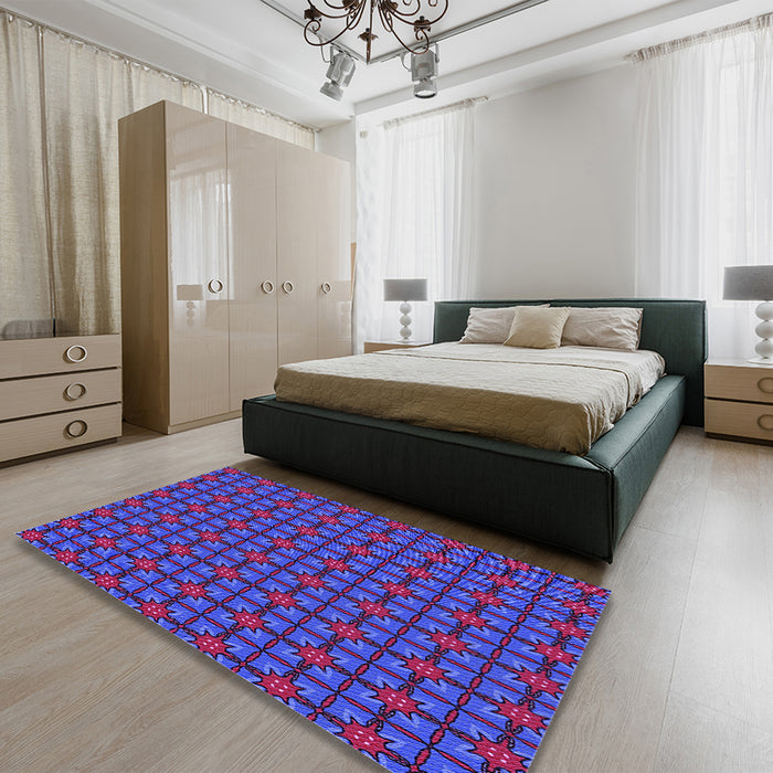 Patterned Blue Rug in a Bedroom, pat2465pur