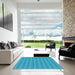 Square Patterned Bright Turquoise Blue Novelty Rug in a Living Room, pat2466