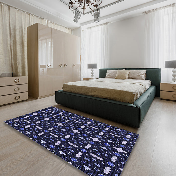 Patterned Night Blue Rug in a Bedroom, pat2471blu