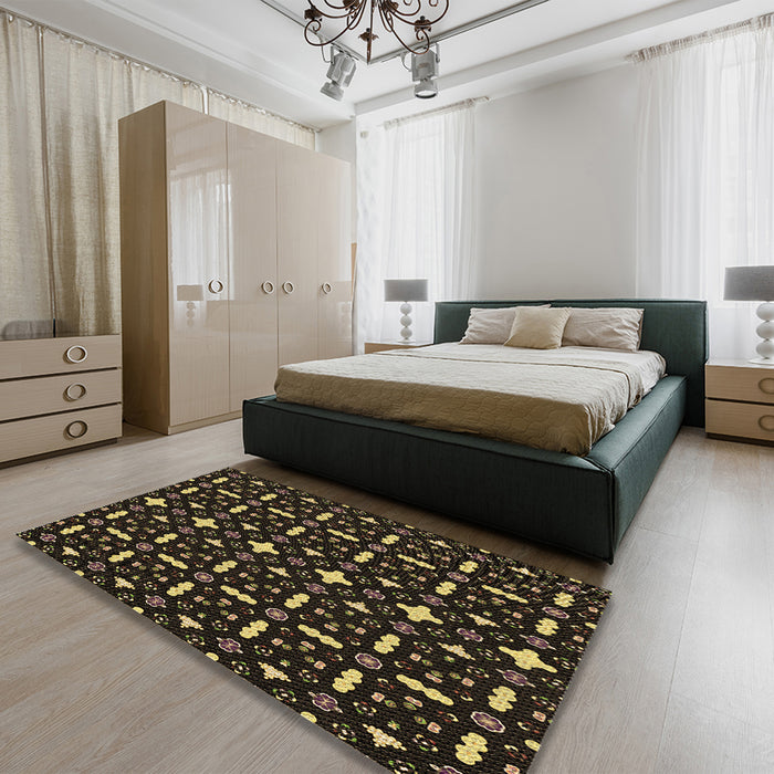 Patterned Black Rug in a Bedroom, pat2471brn