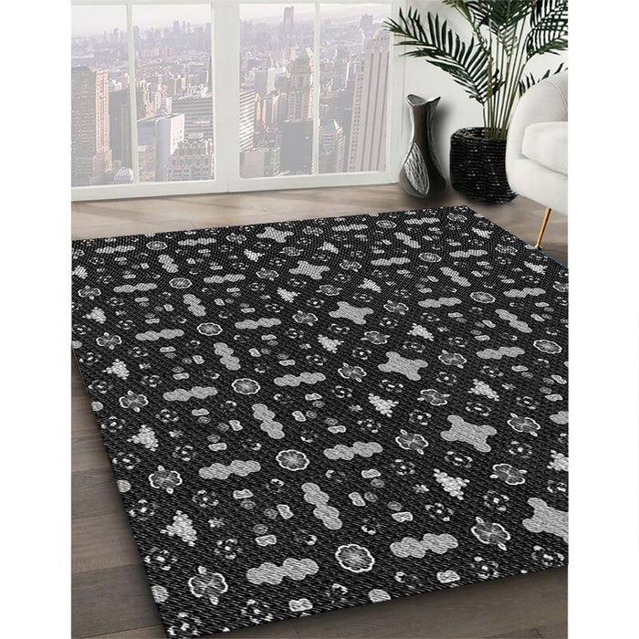 Patterned Black Rug in Family Room, pat2471gry