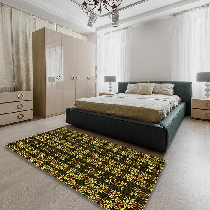 Patterned Black Brown Rug in a Bedroom, pat2473yw