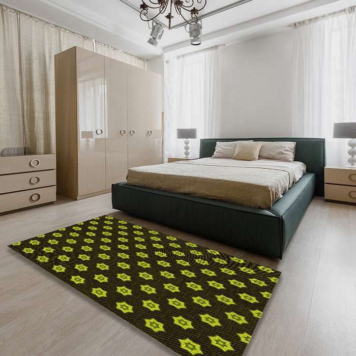 Patterned Olive Green Rug in a Bedroom, pat2478yw