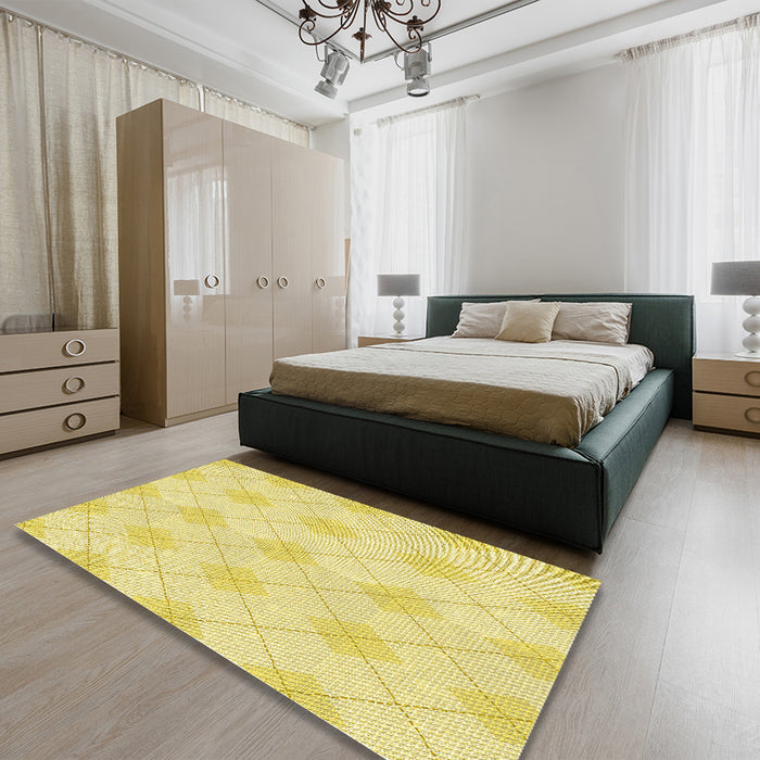 Patterned Golden Brown Yellow Rug in a Bedroom, pat248yw