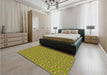 Patterned Dark Yellow Green Rug in a Bedroom, pat2484org