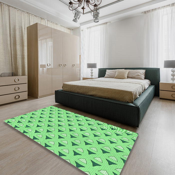 Patterned Green Rug in a Bedroom, pat2489grn
