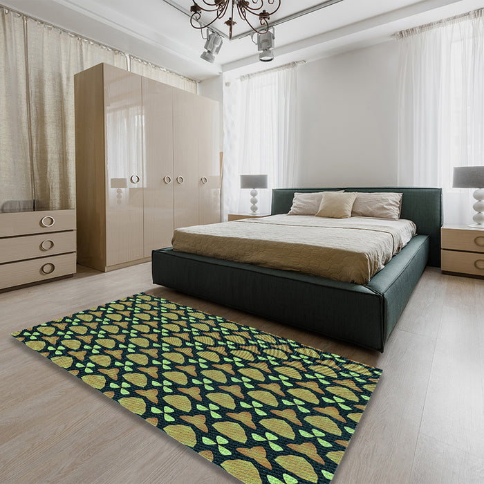 Patterned Dark Slate Grey Green Rug in a Bedroom, pat2491lblu