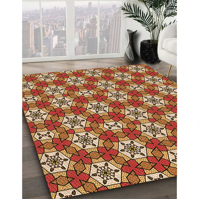Patterned Yellow Orange Rug in Family Room, pat2498org
