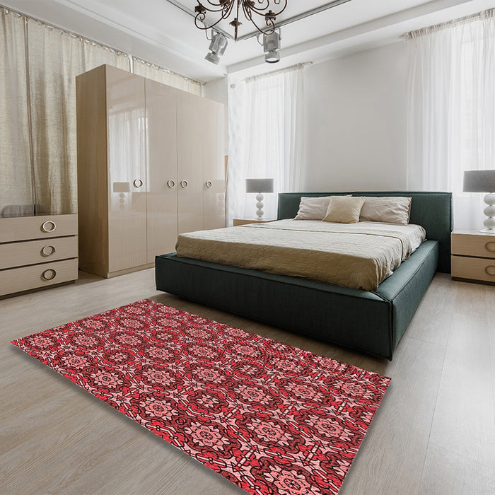 Round Machine Washable Transitional Cranberry Red Rug in a Office, wshpat2499rd