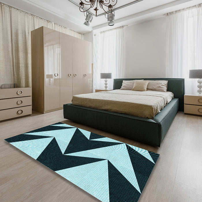Patterned Deep Teal Green Rug in a Bedroom, pat250lblu